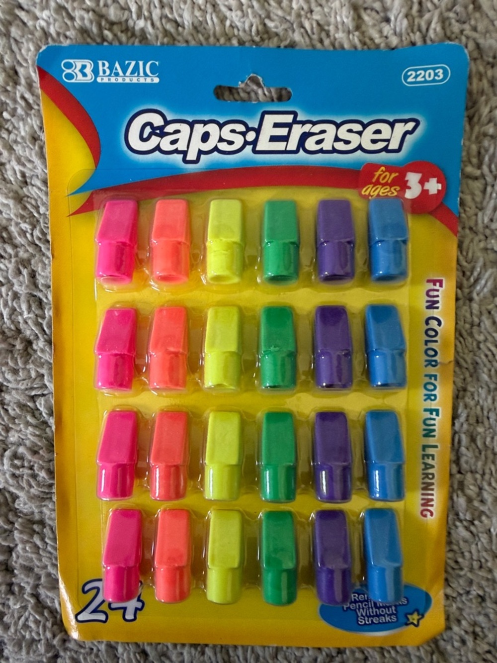 Bazic Neon Caps Erasers - 24-Pack (Pink, Orange, Yellow, Green, Purple, Blue)